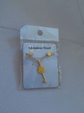 Gold Key Pendant Necklace and Matching Stud Earrings - Stainless Steel